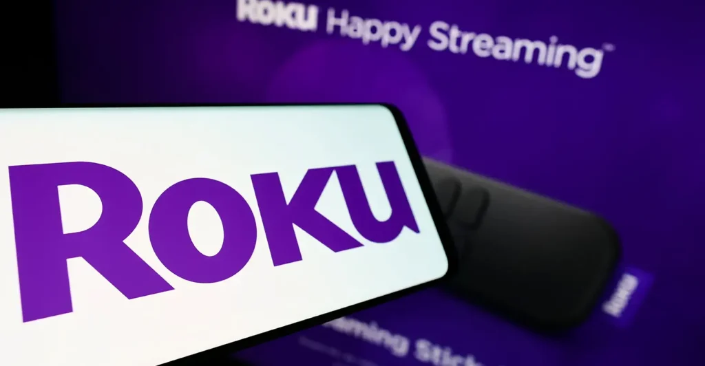 The Roku logo with a television screen running a Roku device