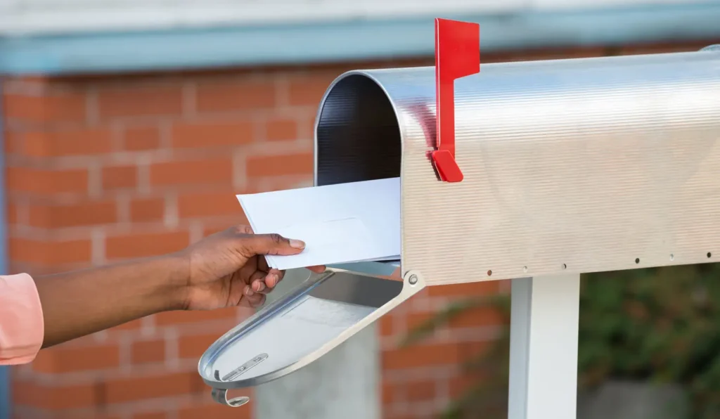 A hand removes an envelope from a mailbox.