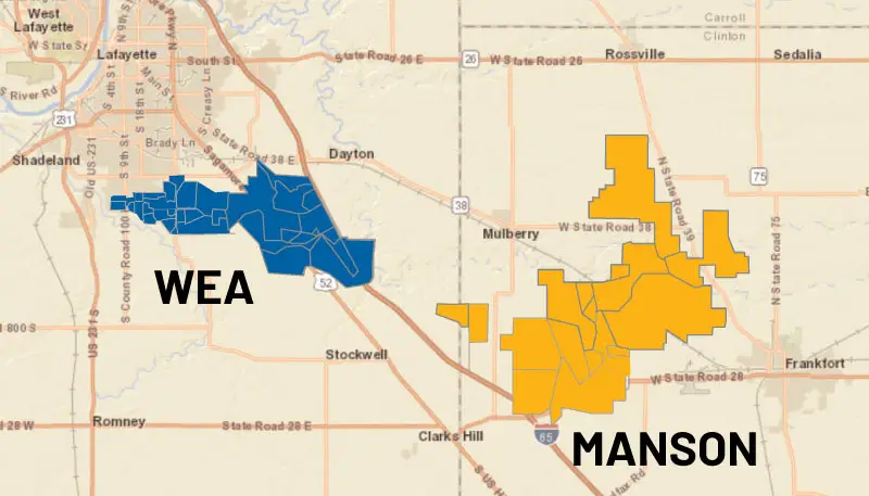 A map of Wea and Manson substation territories where pole testing will take place in Spring 2025