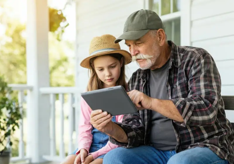 A grandfather and his granddaughter using a Wi-Fi tablet on the porch