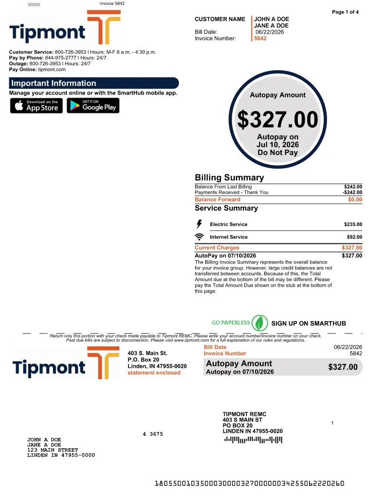 The first page of a sample Tipmont electric bill