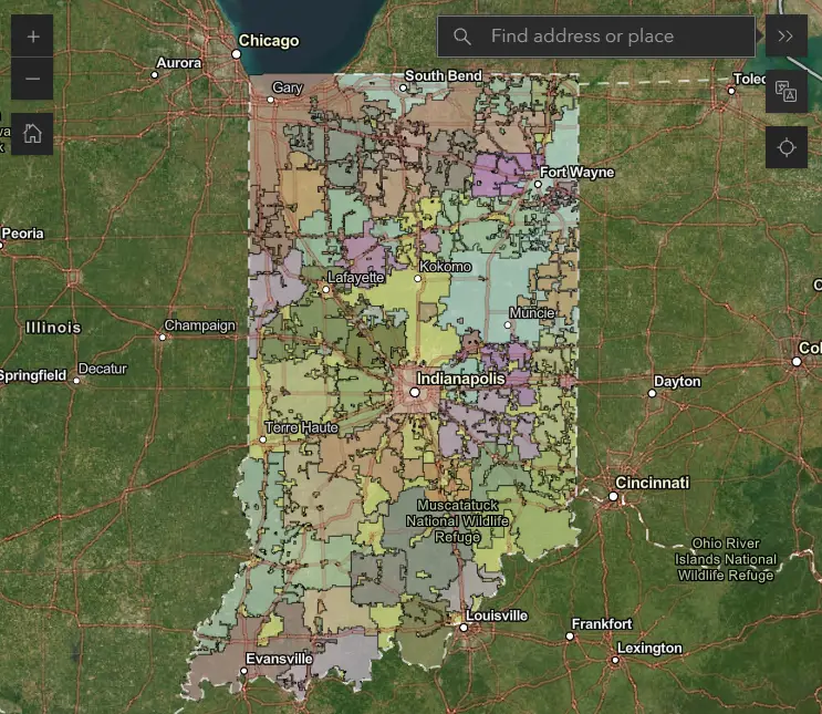 A map of Indiana electric service territories that links to an interactive search tools