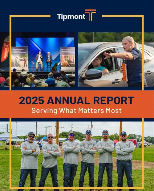 the cover of Tipmont's 2025 annual report with photos of Tipmont employees and the Tipmont logo